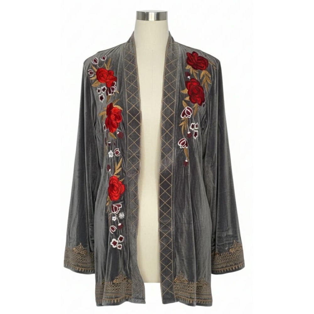 Velzera velvet Women's cardigan embroidered floral sz small romantic whimsigoth